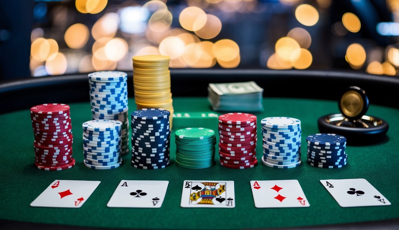 Sekelompok chip poker dan kartu yang disusun di atas meja felt hijau dengan tombol dealer dan tumpukan uang di latar belakang