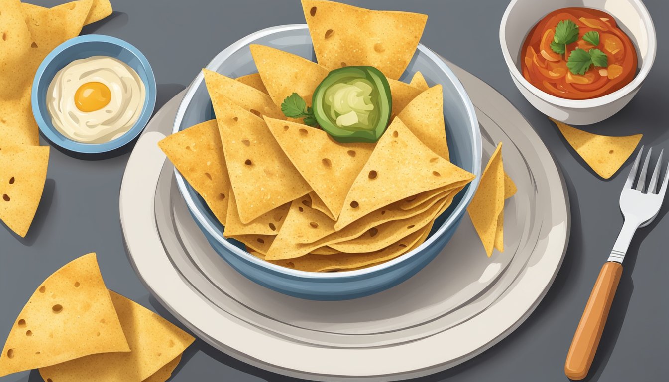 A bowl of tortilla chips with a portion removed, next to a diabetes-friendly meal