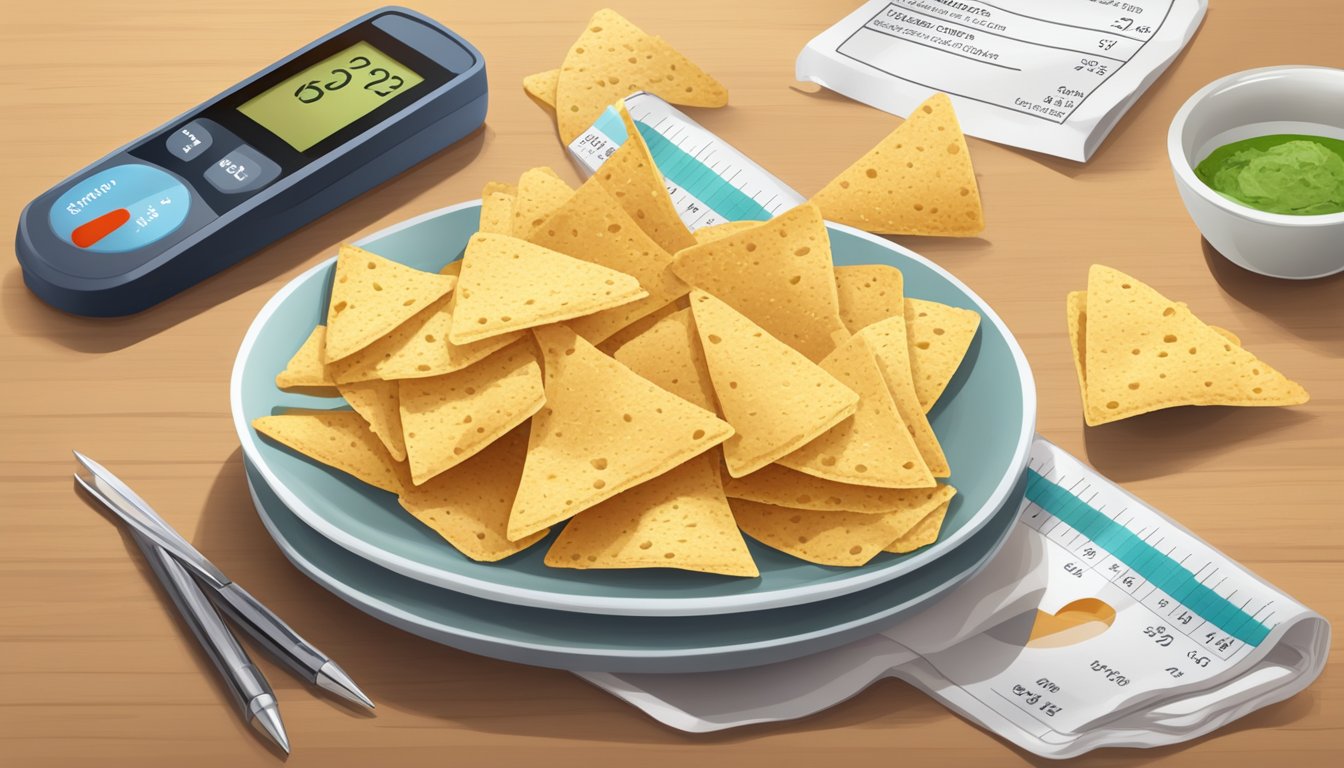 A small pile of tortilla chips sits on a plate, with a measuring cup next to it. A glucometer and a nutrition label are also visible on the table