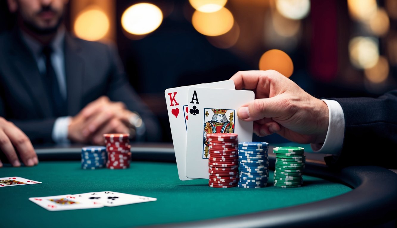 Meja poker dengan kartu, chip, dan tangan yang menang