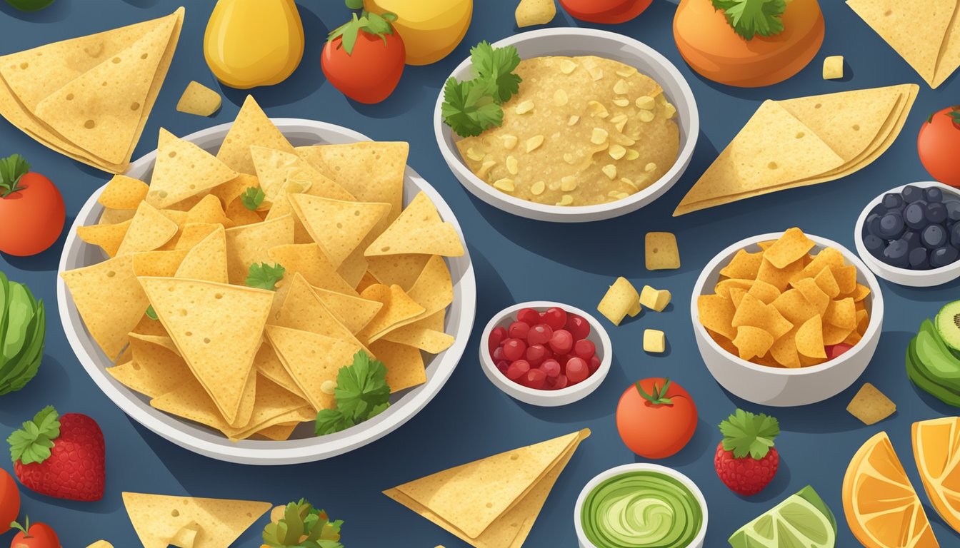 A bowl of tortilla chips with a small portion size, surrounded by healthier snack options like fruits and vegetables