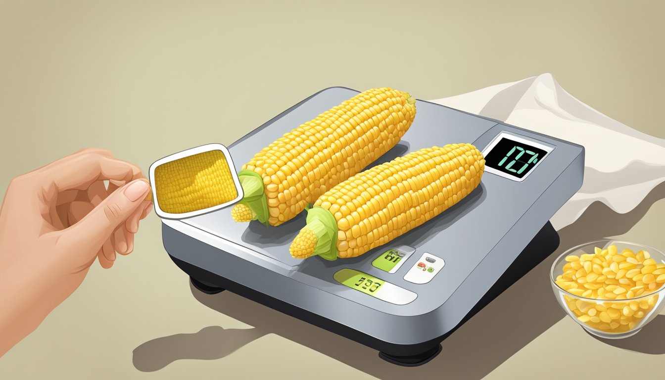 A diabetic measuring a portion of corn on the cob with a food scale