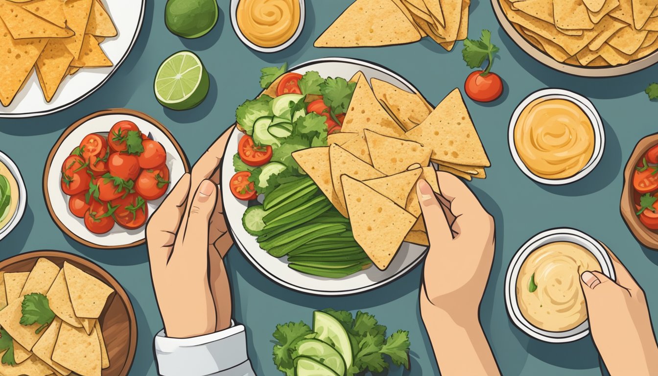 A person reaching for a small portion of tortilla chips next to a variety of healthier dipping options like vegetables and hummus