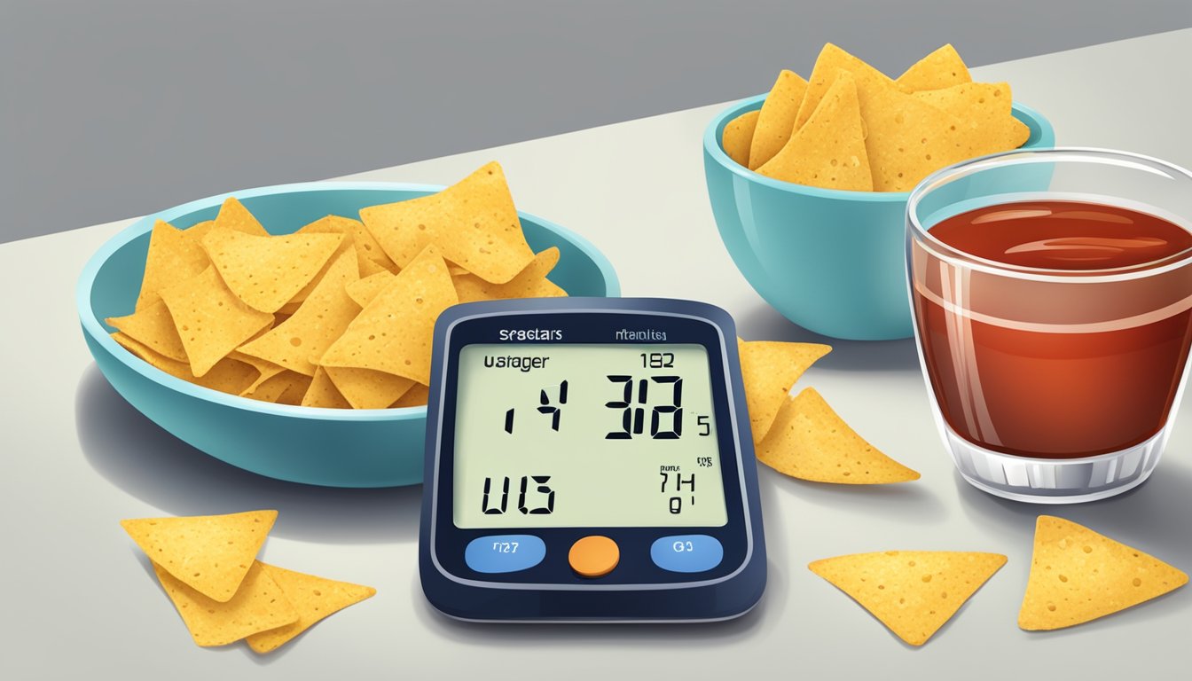 A plate of tortilla chips with a measuring cup and a blood sugar monitor nearby