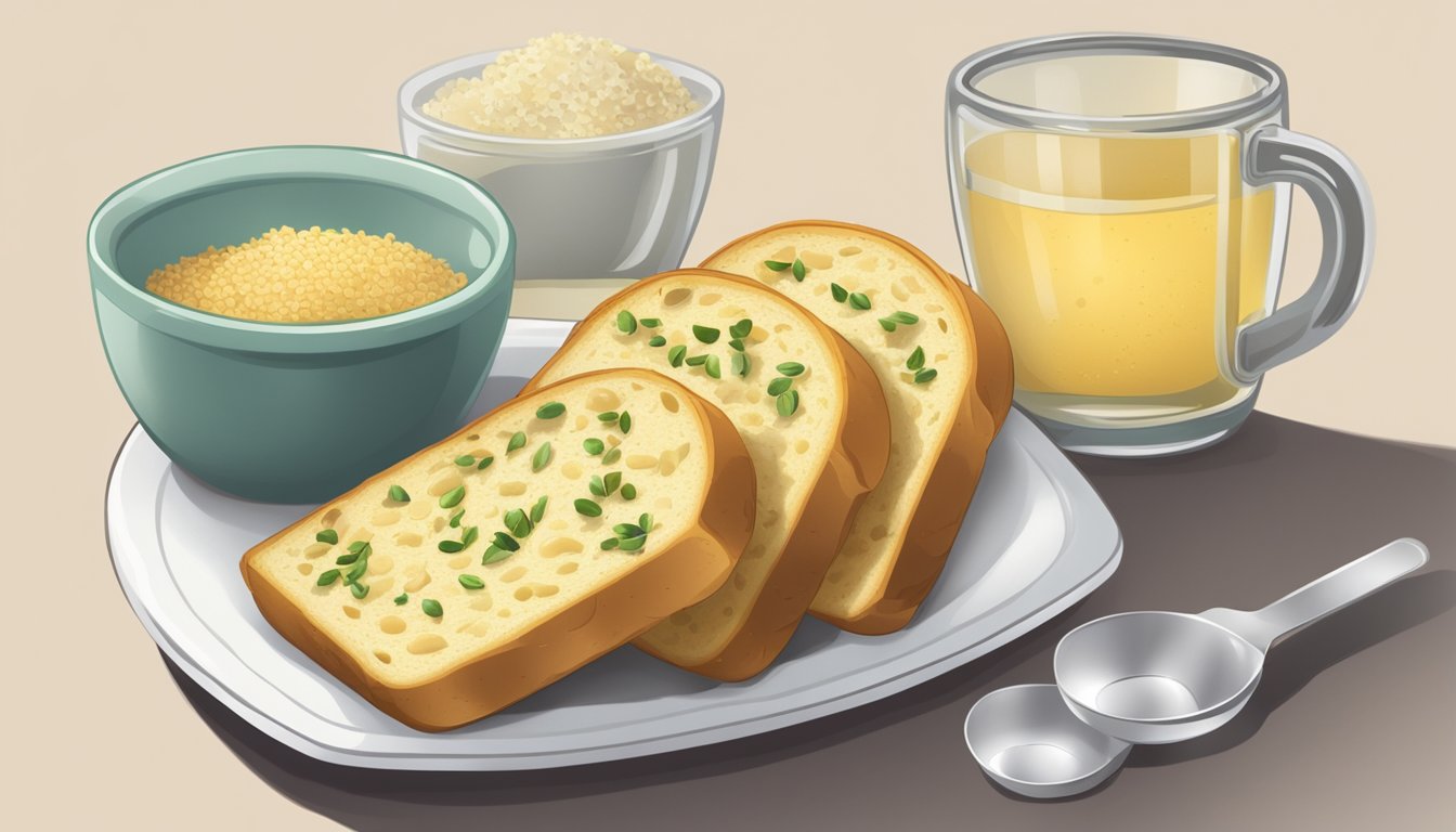 A plate of garlic bread with a measuring cup next to it, indicating portion control for a diabetic diet