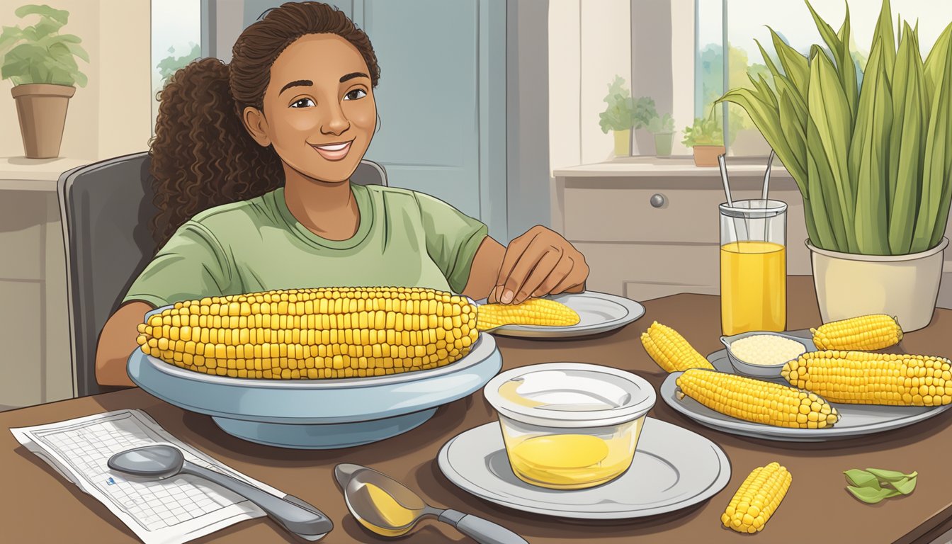 A diabetic sitting at a table with a plate of corn on the cob, a measuring cup, and a nutrition label