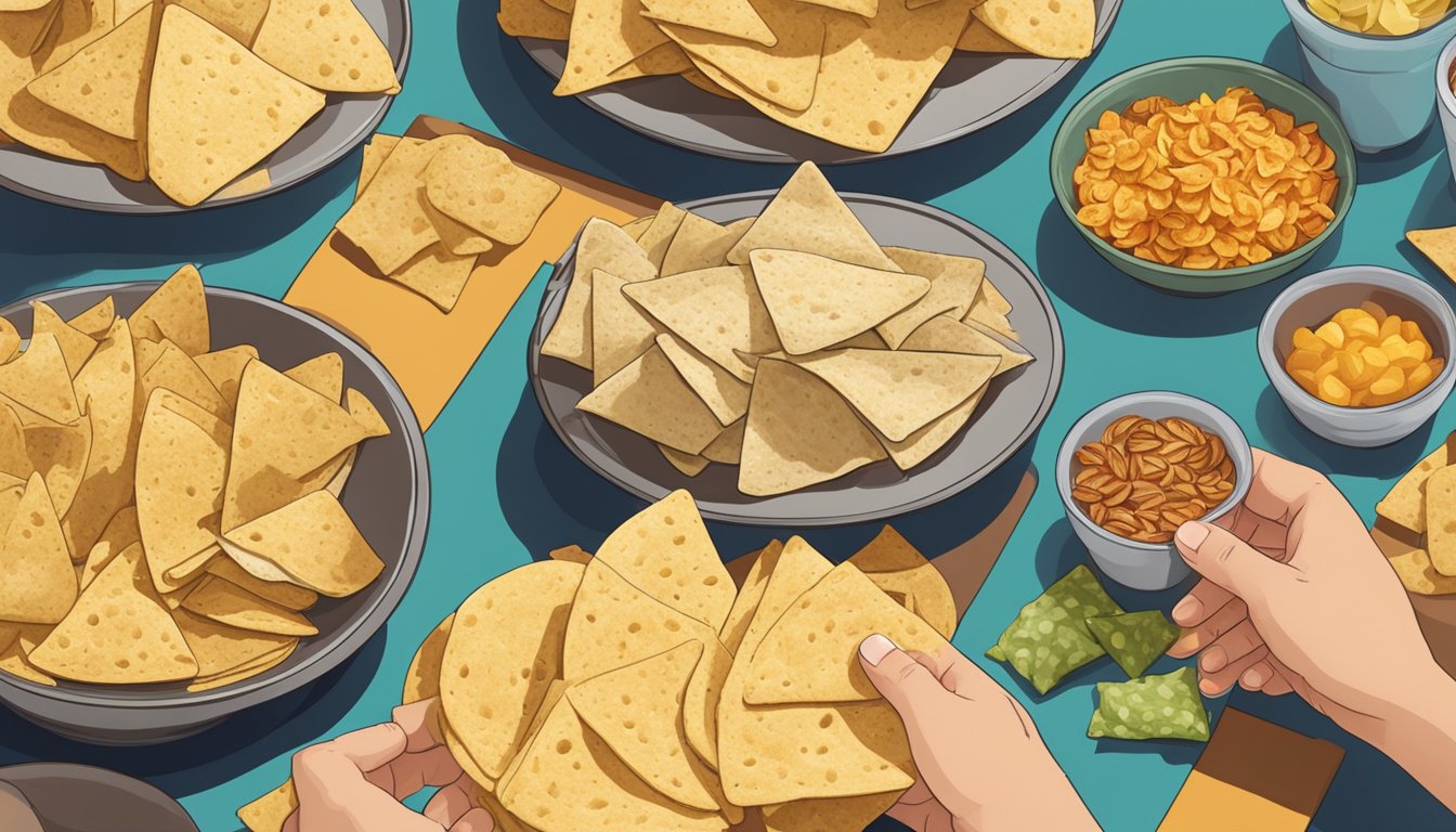 A person with diabetes choosing between a small portion and a larger portion of tortilla chips, with a variety of healthy snack options nearby