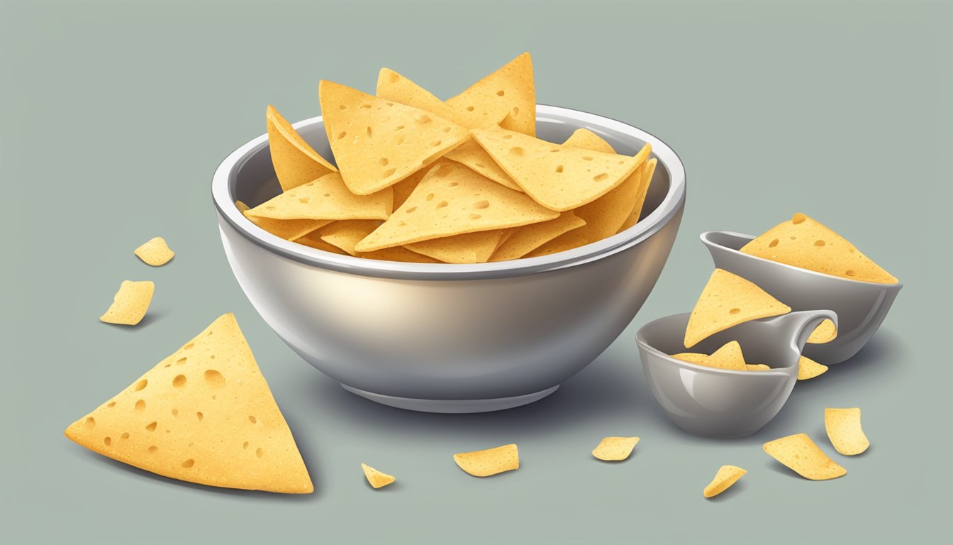 A small pile of tortilla chips on a plate next to a measuring cup