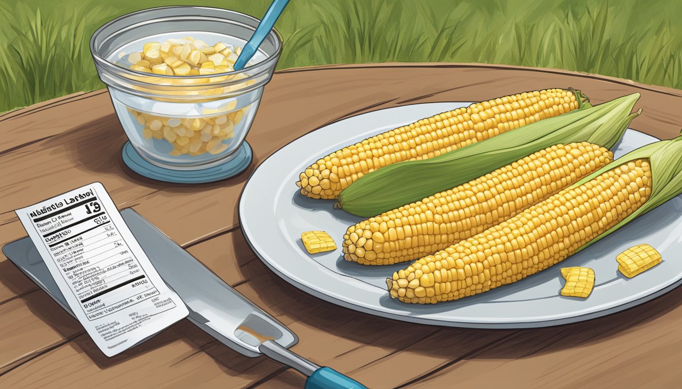 A diabetic sits at a picnic table with a plate of grilled corn on the cob, a measuring cup, and a nutrition label