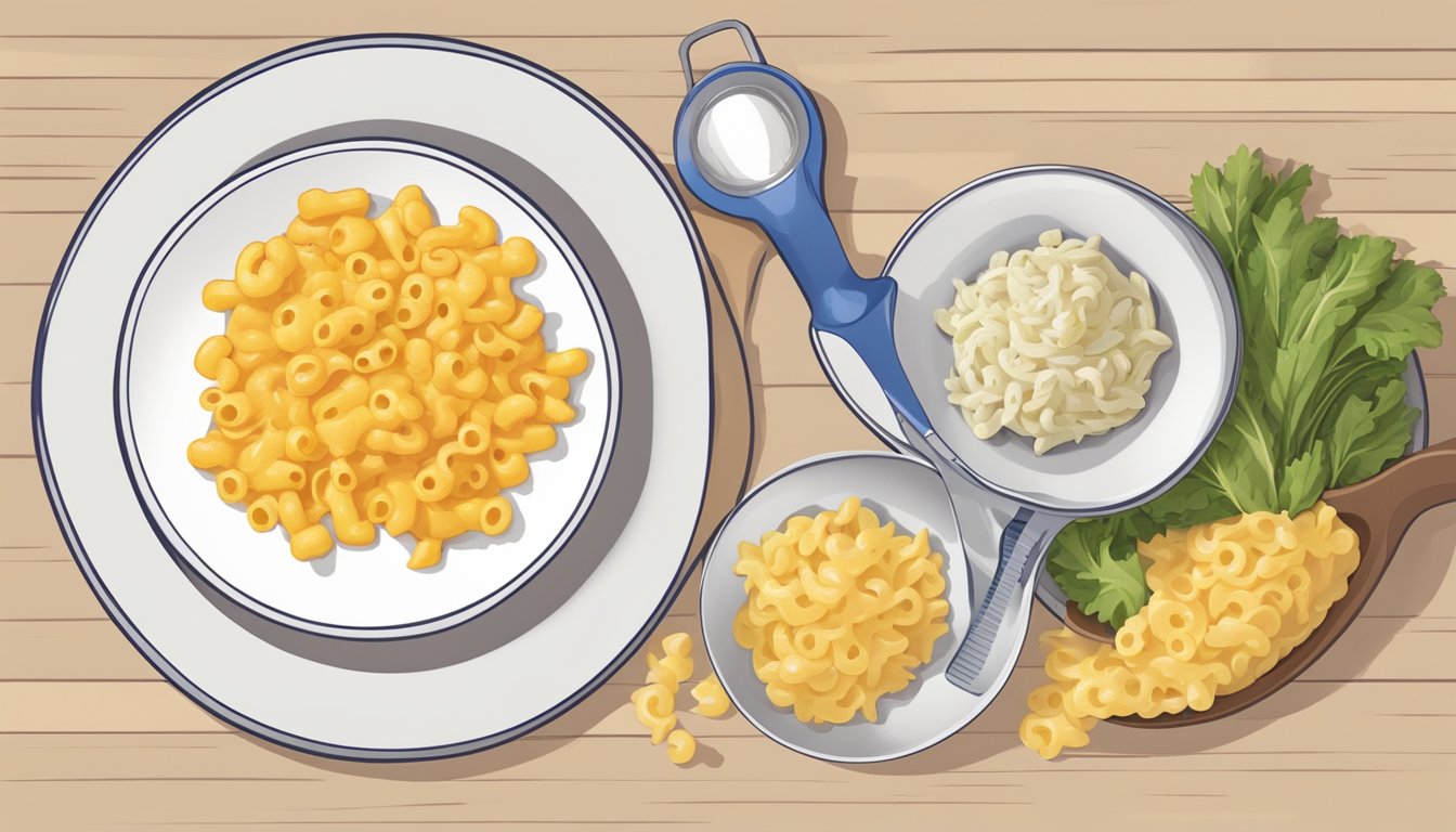 A plate of macaroni and cheese with a measuring cup next to it, highlighting portion control for diabetics