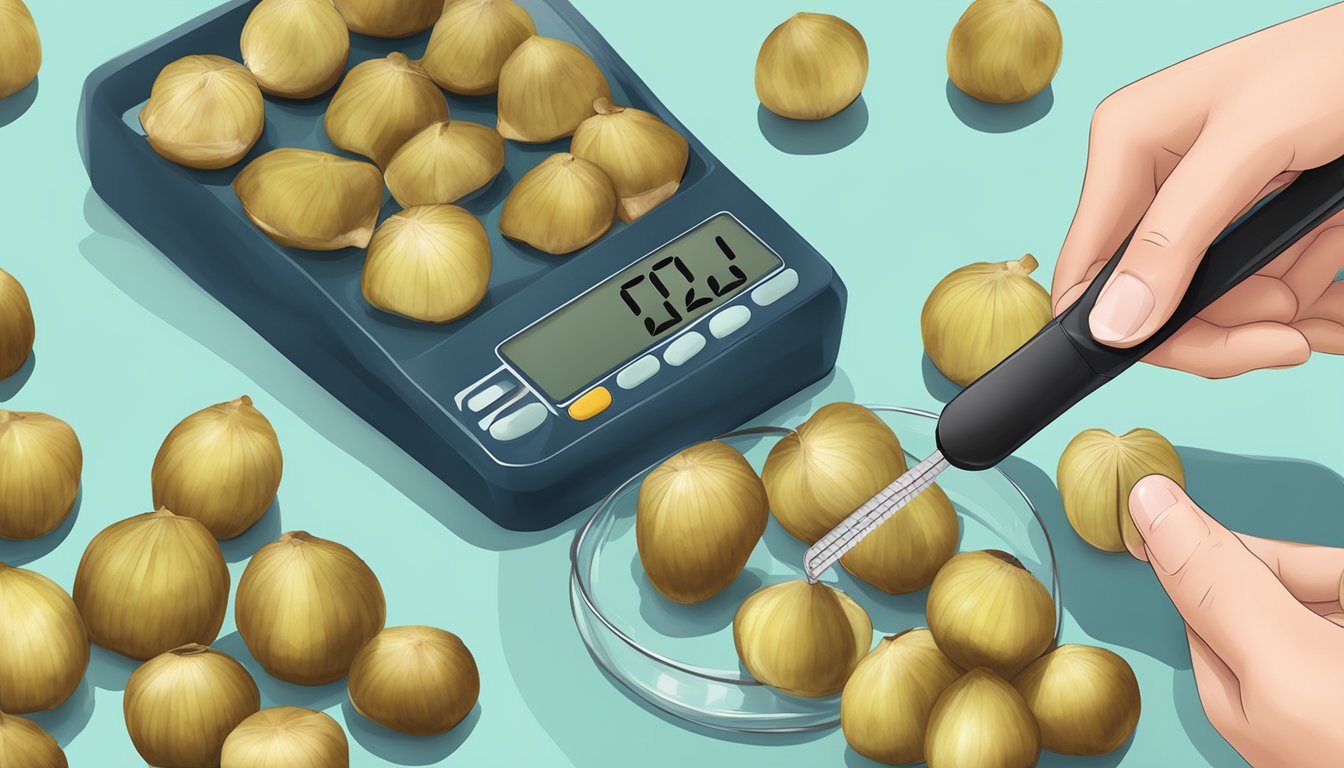 A diabetic measuring water chestnuts with a portion control tool