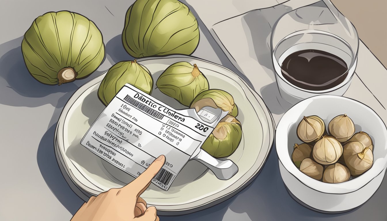 A plate of water chestnuts with a nutrition label next to it. A diabetic person is holding a fork and looking at the label