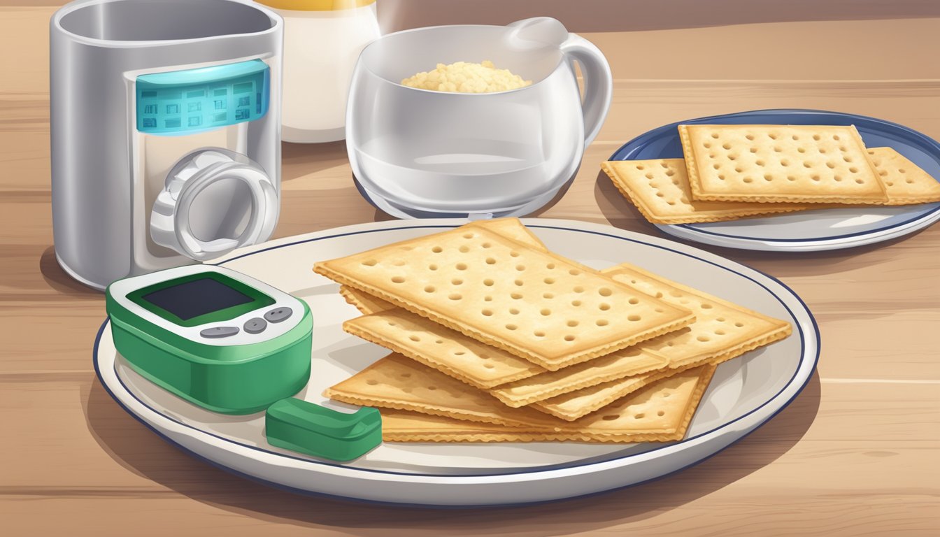 A plate with a stack of saltine crackers next to a measuring cup and a diabetes monitoring kit