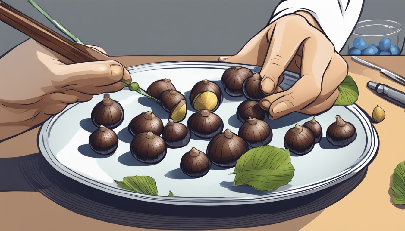 A diabetic carefully counting water chestnuts on a plate