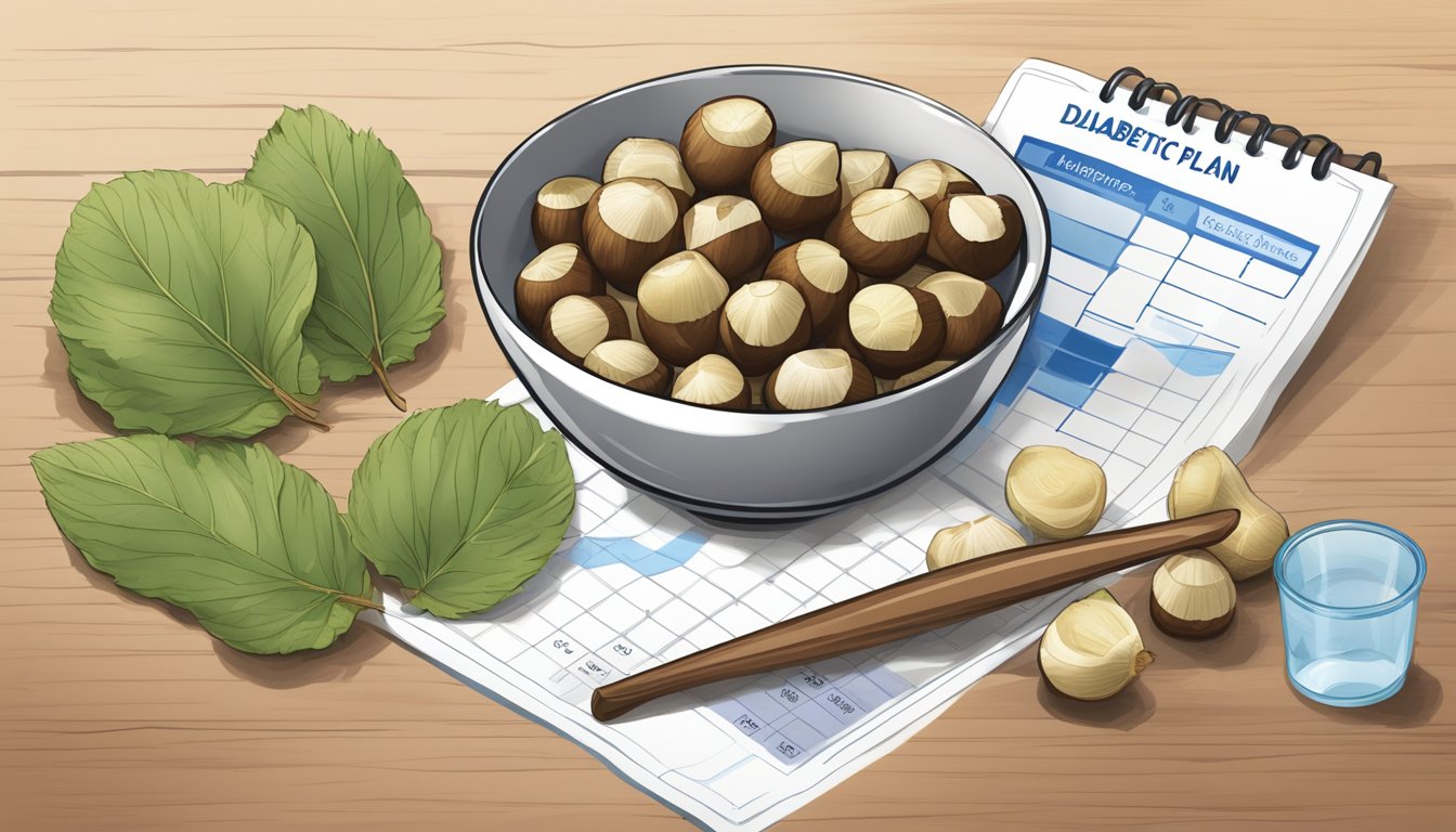 A bowl of water chestnuts next to a measuring cup and a diabetic meal plan