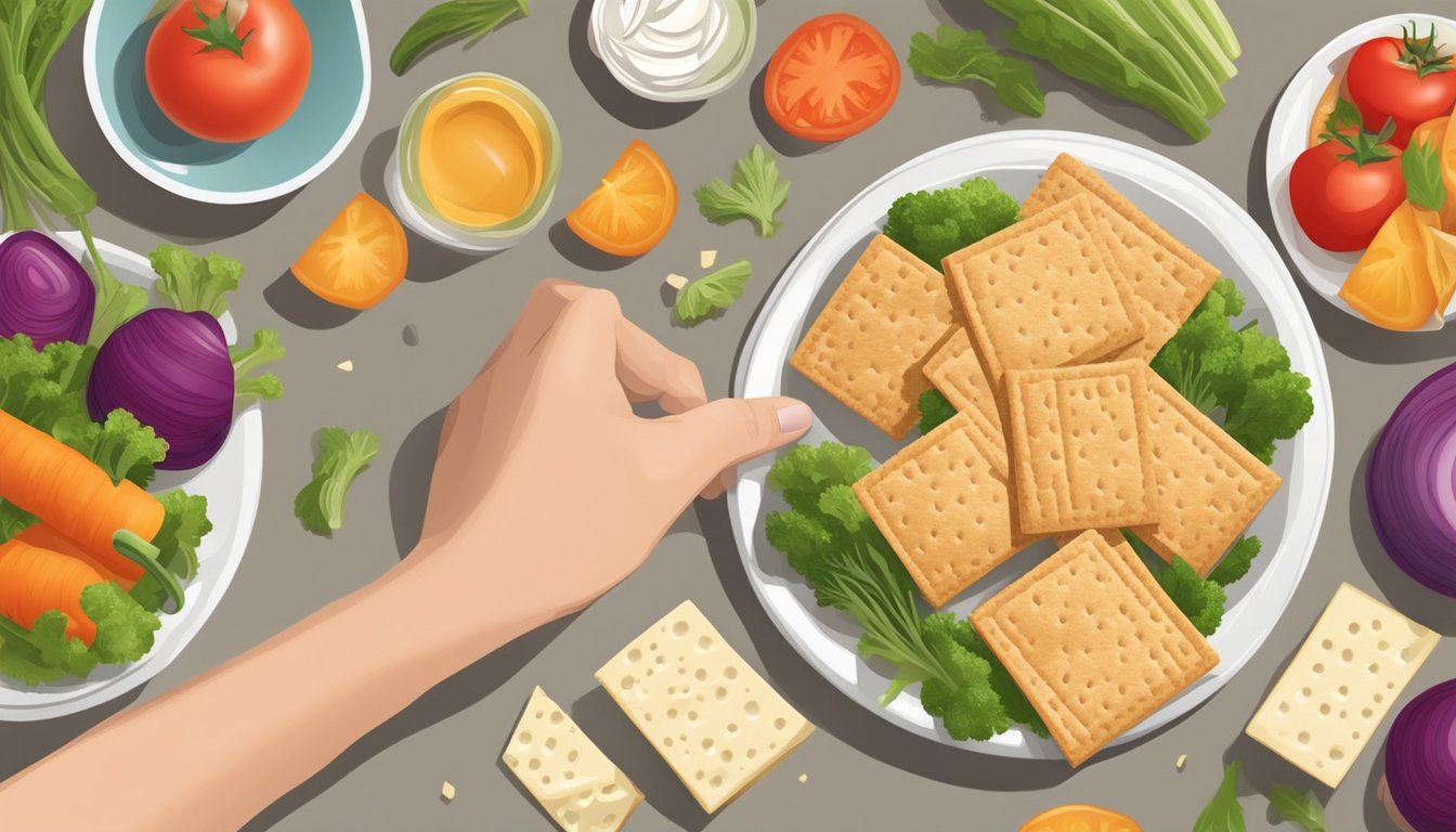 A diabetic hand reaches for a plate of whole grain crackers, surrounded by fresh vegetables and a small portion of cheese