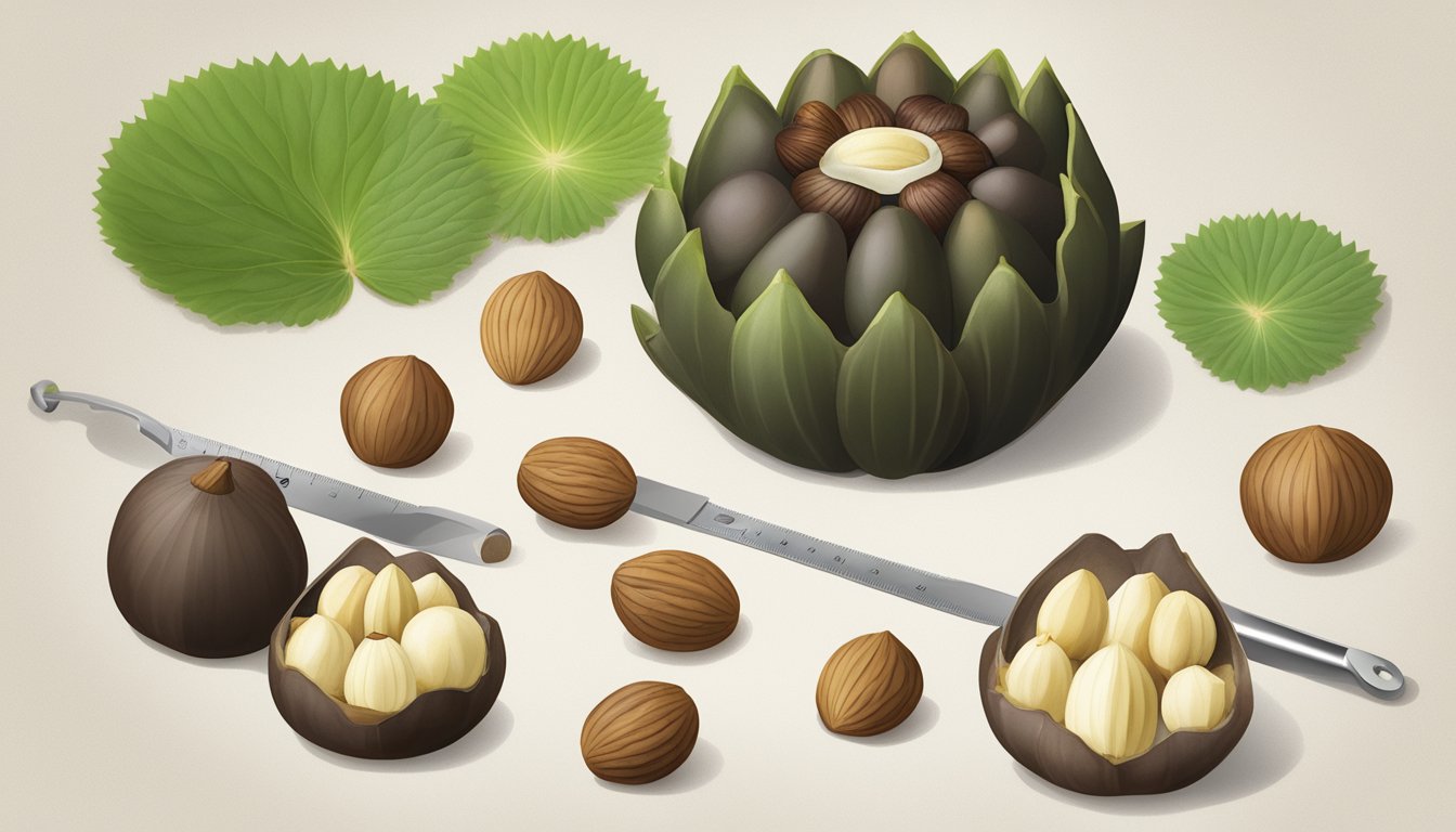 A water chestnut surrounded by different types of nuts, with a measuring tool nearby for comparison