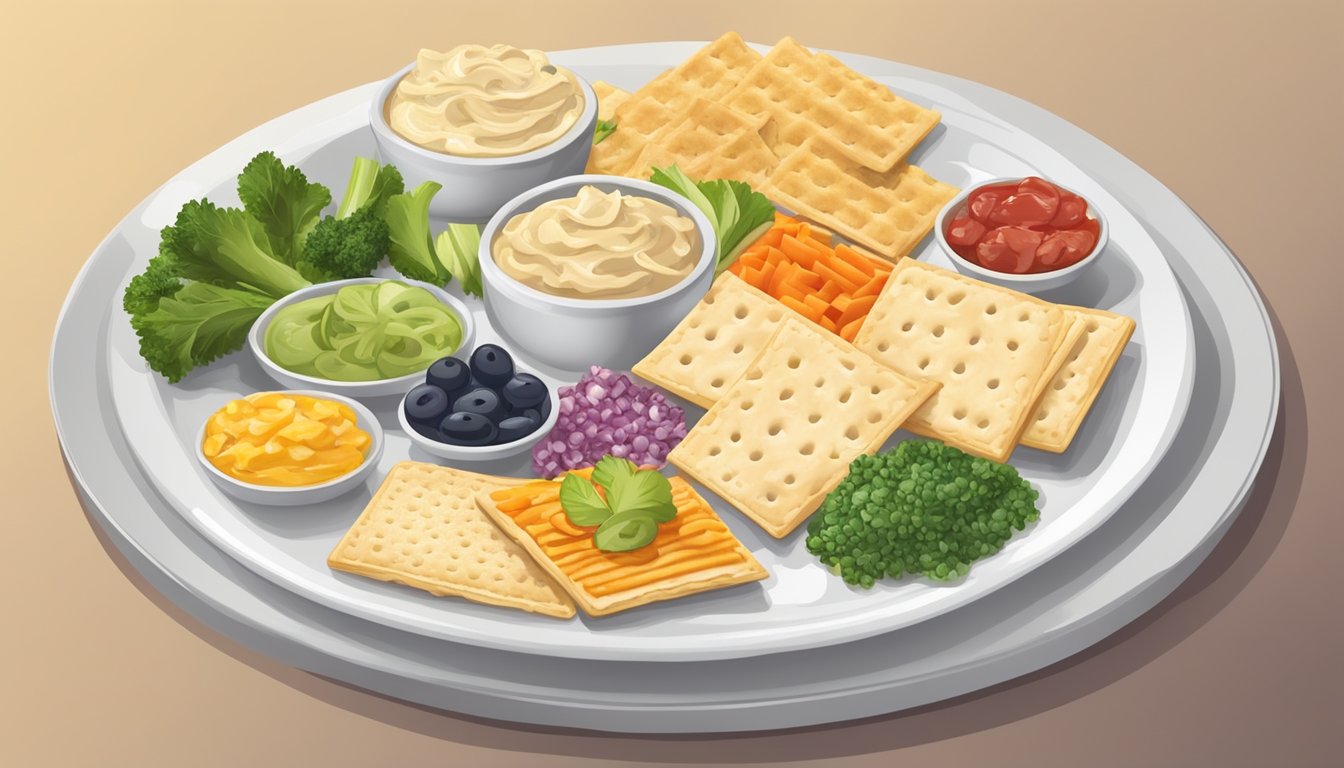 A plate with a small portion of saltine crackers surrounded by a variety of healthy toppings and dips