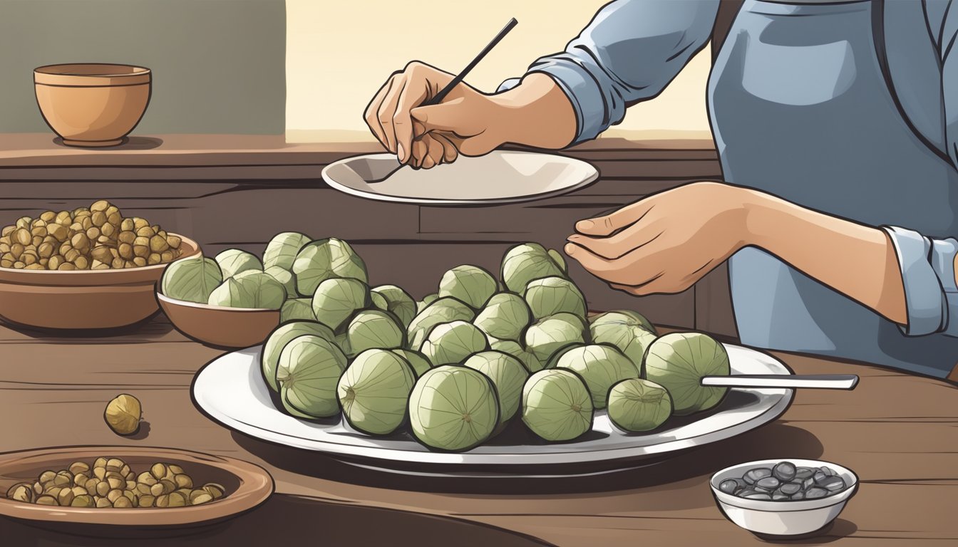 A diabetic carefully counting out a portion of water chestnuts onto a plate for a meal