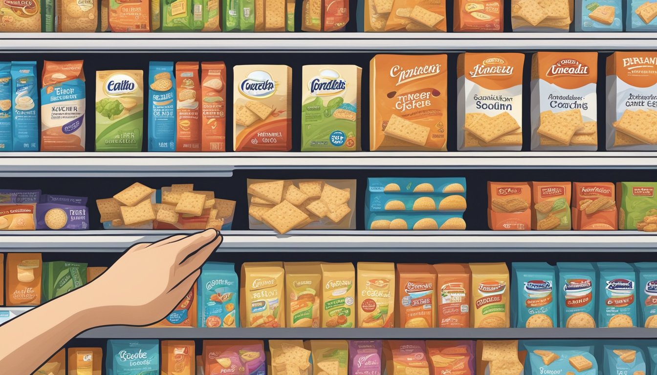 A hand reaching for a variety of low-sodium crackers on a grocery store shelf