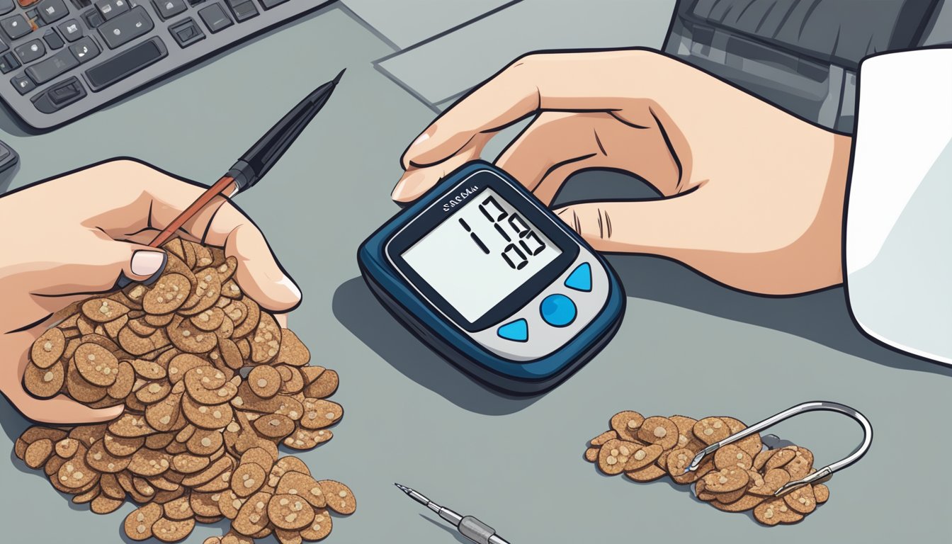 A diabetic person holding a small pile of sesame snaps, with a blood glucose monitor and insulin pen nearby