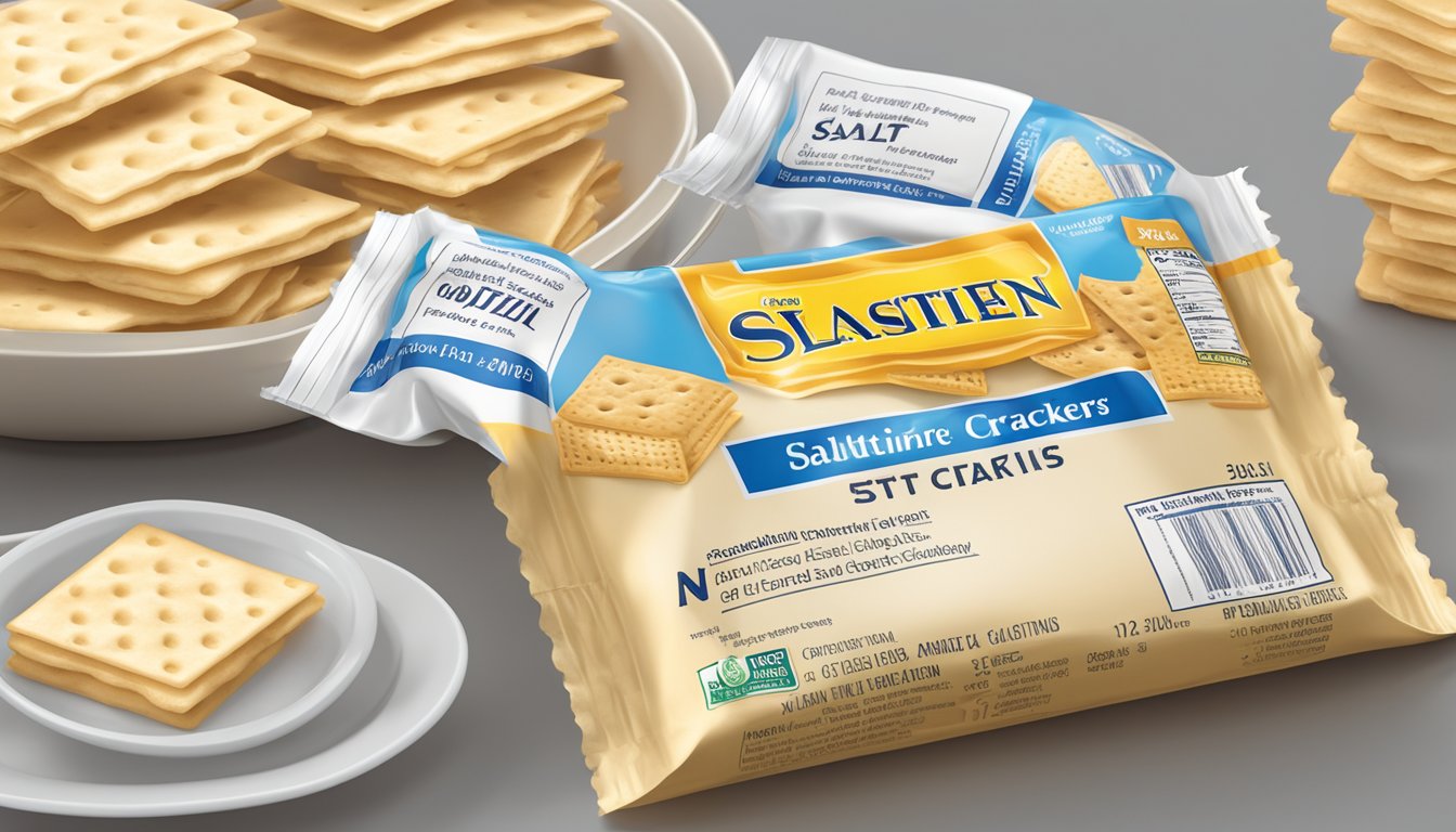 A nutrition label on a box of saltine crackers, with the serving size and salt content highlighted