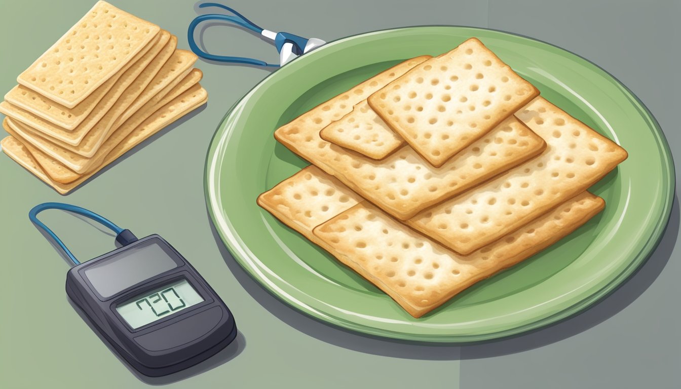 A plate with a stack of saltine crackers, a glucometer, and a portion of food