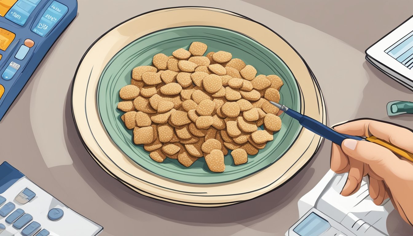 A plate of sesame snaps with a nutrition label and a person with a diabetic testing kit