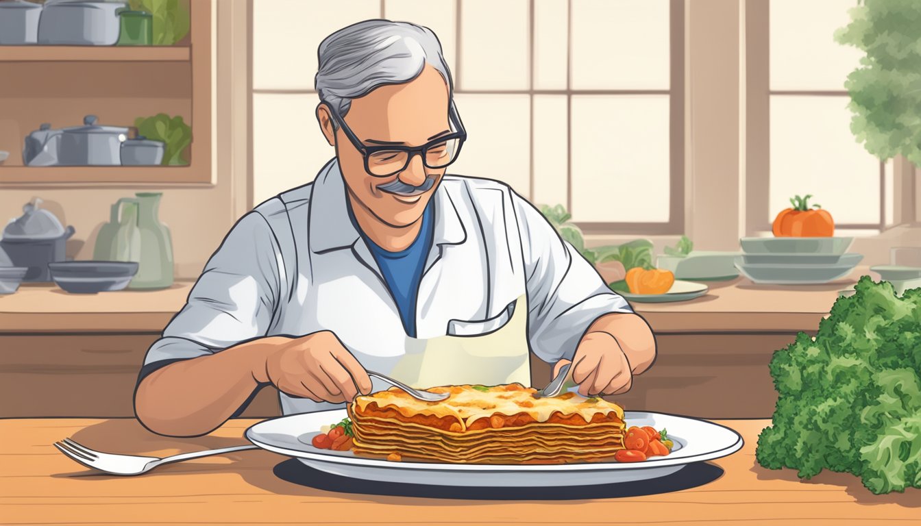 A diabetic portioning out a serving of vegetable lasagna onto a plate