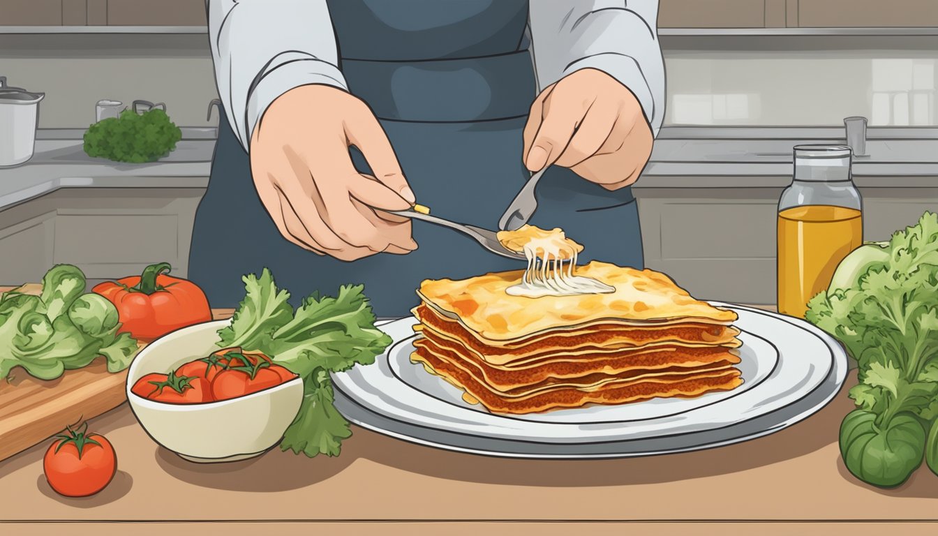 A diabetic portioning out a serving of vegetable lasagna onto a plate