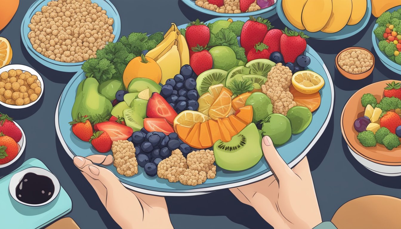 A diabetic person enjoying a small portion of sesame snaps alongside a variety of colorful fruits and vegetables on a plate