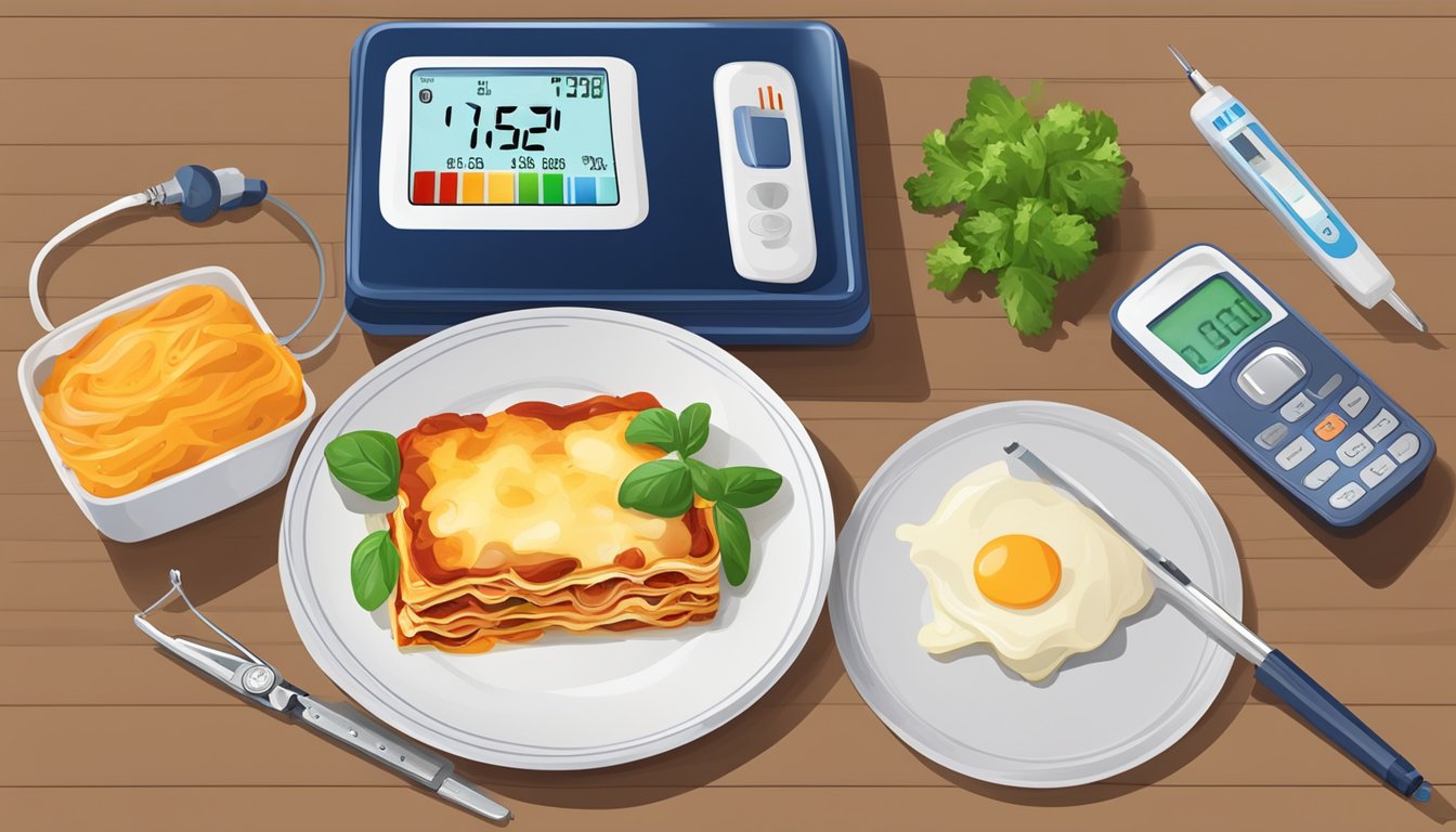 A plate of vegetable lasagna with a small portion next to a blood glucose monitor and insulin pen