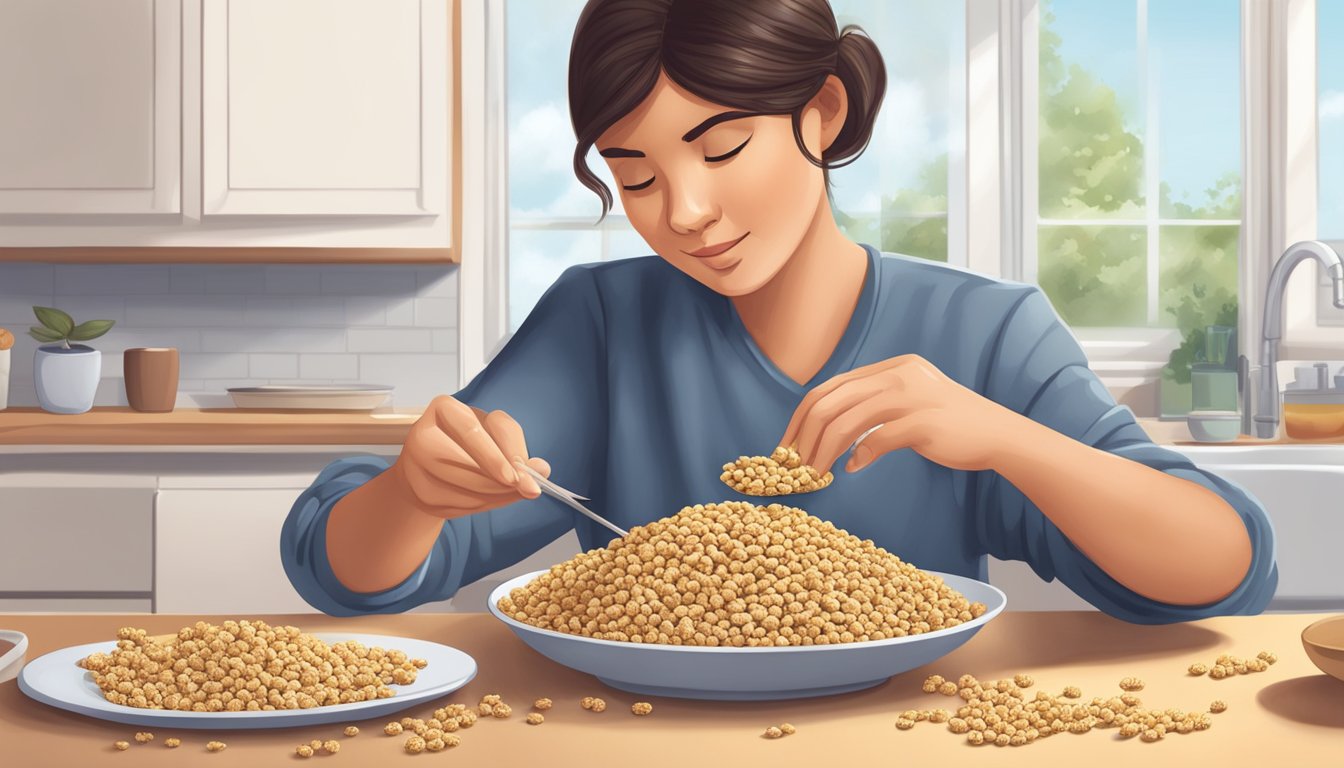 A diabetic person carefully counting out sesame snaps on a plate