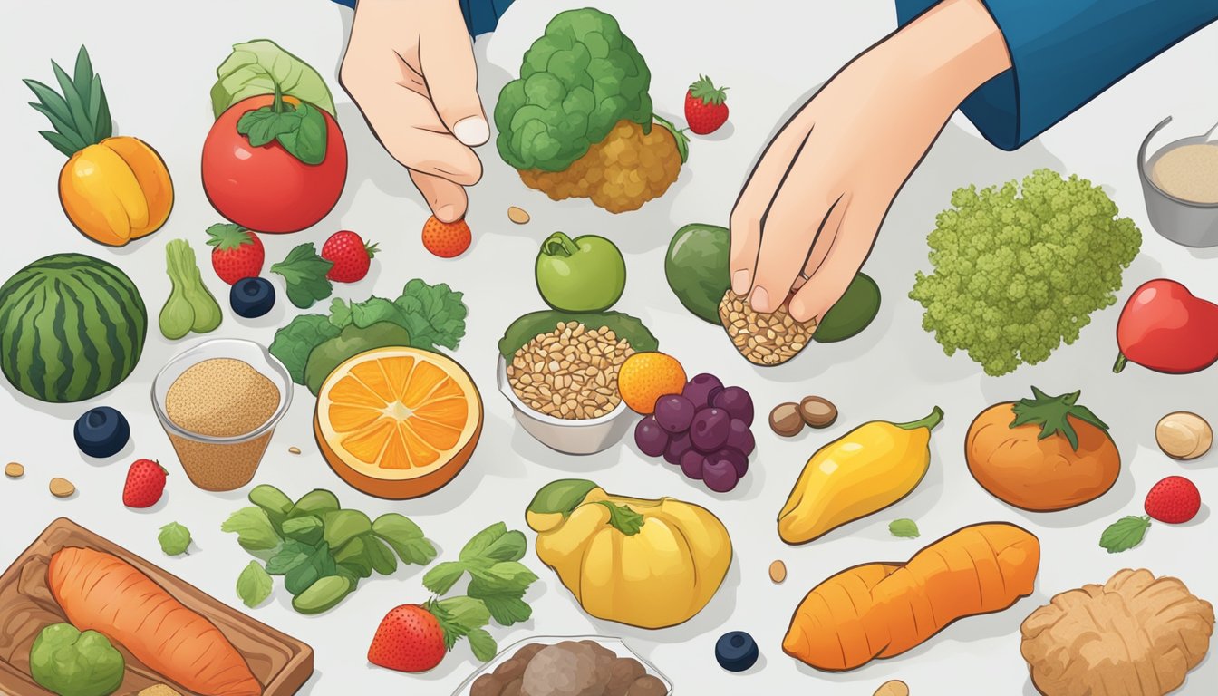 A diabetic person holding a single sesame snap, surrounded by a variety of colorful fruits, vegetables, and grains