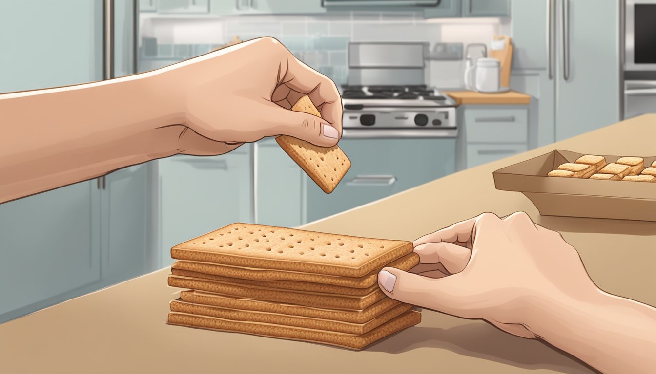 A diabetic hand reaching for a single graham cracker from a package on a kitchen counter