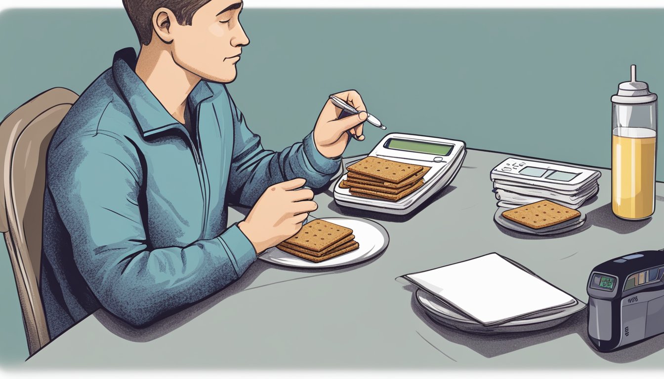 A diabetic sits at a table with graham crackers and a glucometer, contemplating portion size