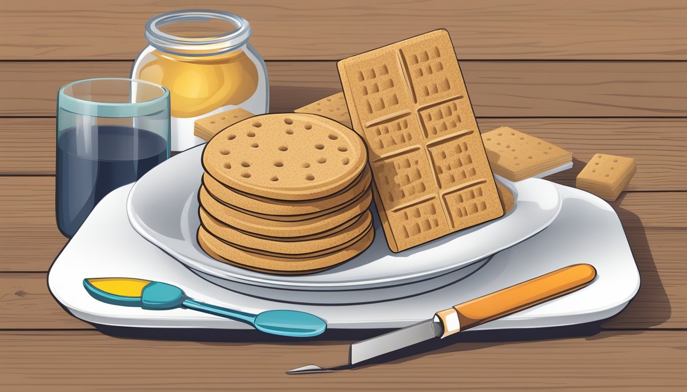 A diabetic-friendly plate with a portion of graham crackers, a measuring tool, and a dietary guideline chart