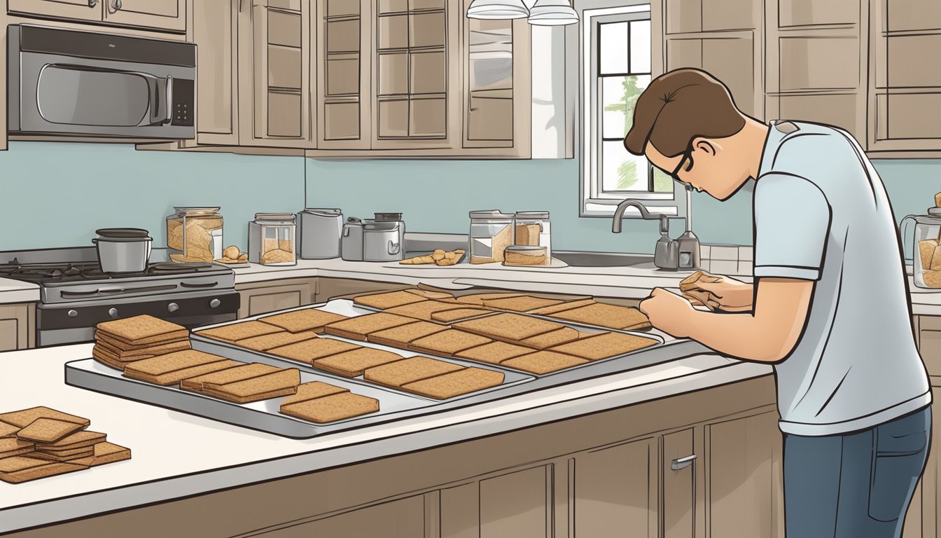 A diabetic person carefully selects a few graham crackers from a variety of healthier snack options on a kitchen counter