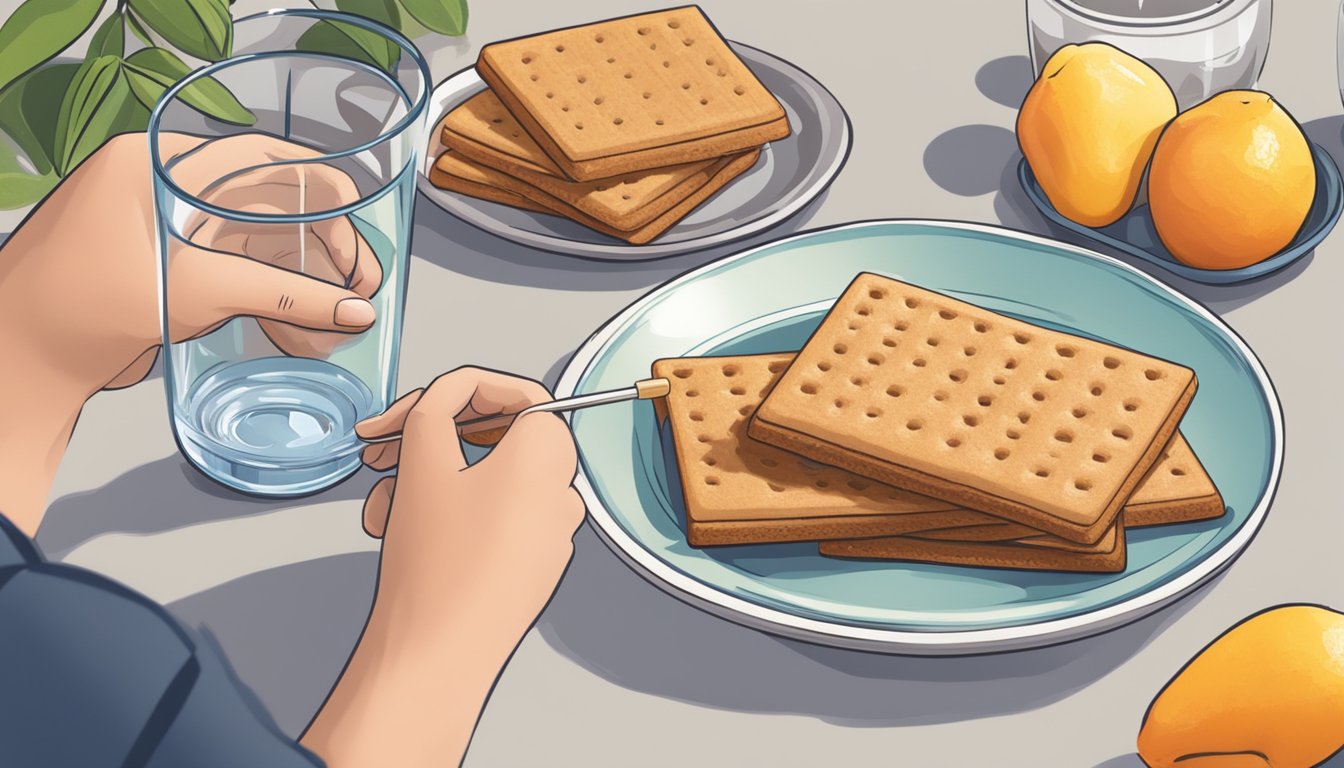 A diabetic carefully measures out a portion of graham crackers onto a plate, alongside a glass of water and a small bowl of fresh fruit