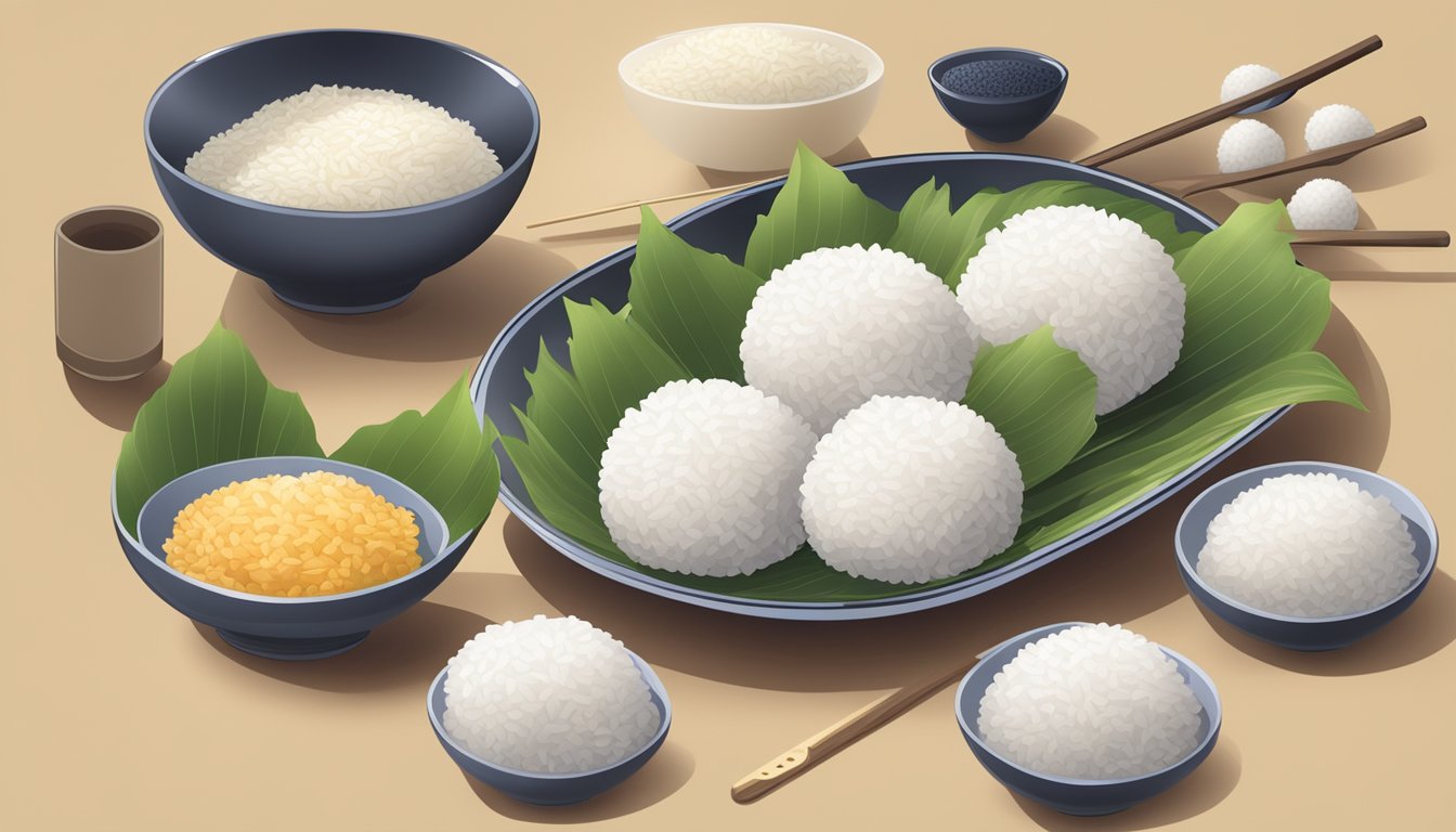 A plate with various sizes of rice balls, a measuring tool, and a diabetic education pamphlet