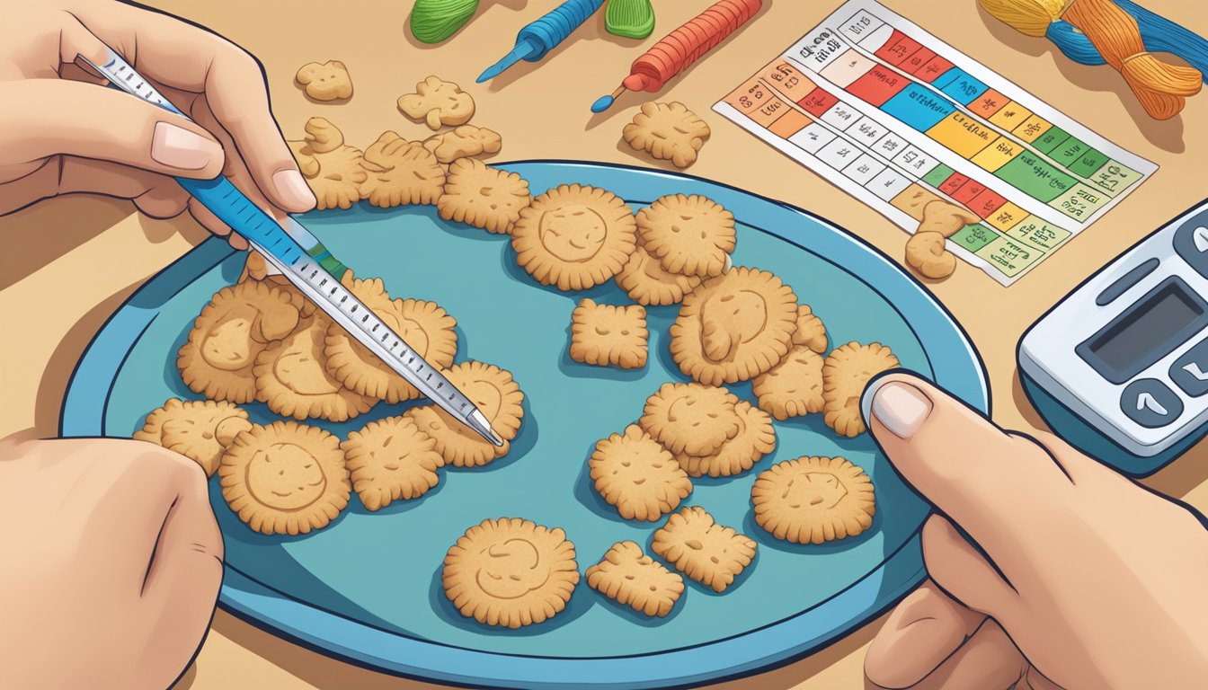 A diabetic person carefully counting out a portion of animal crackers onto a plate, with a nutrition label and measuring tools nearby