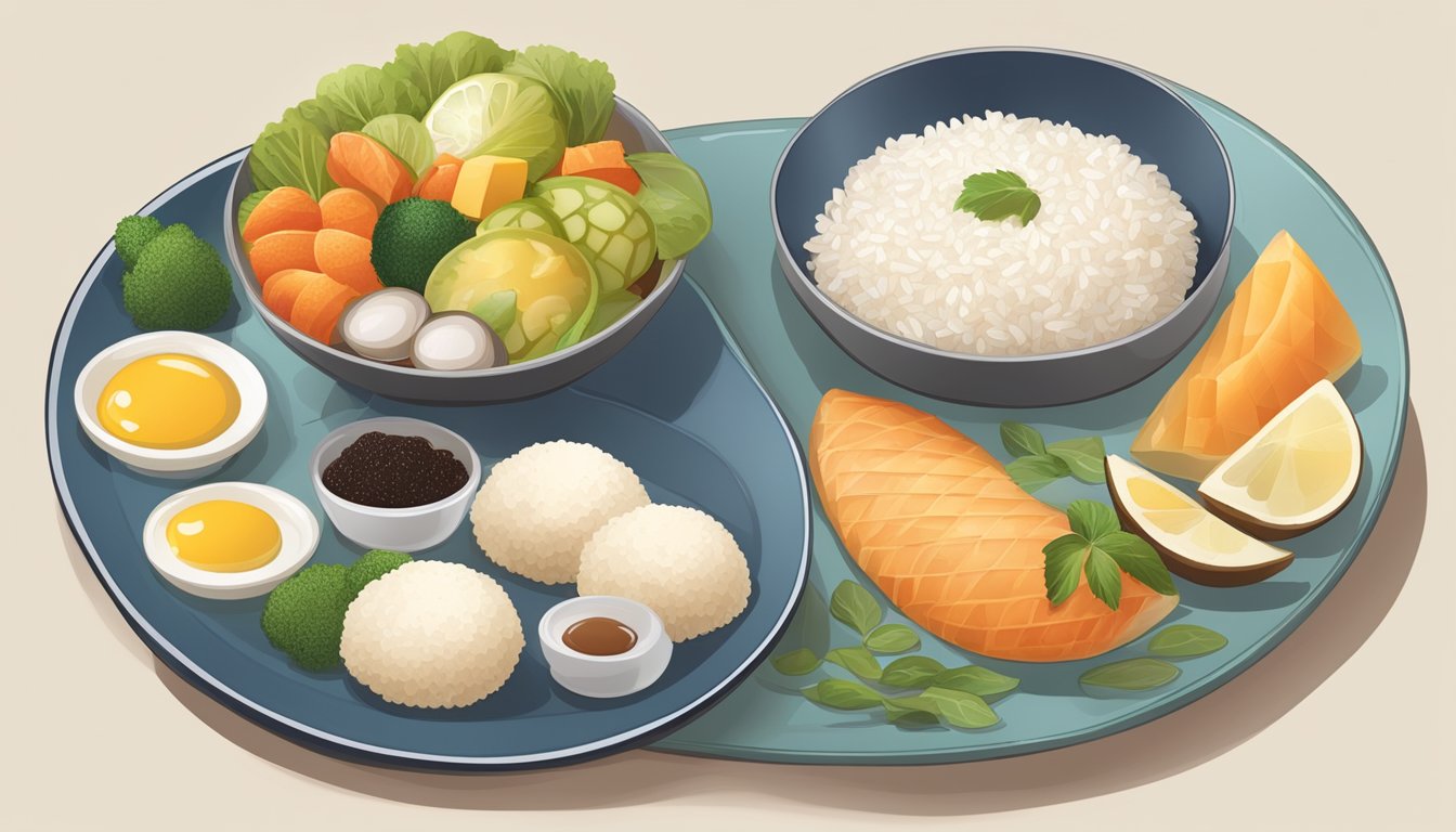 A plate with a variety of diabetes-friendly foods, including a measured portion of rice balls