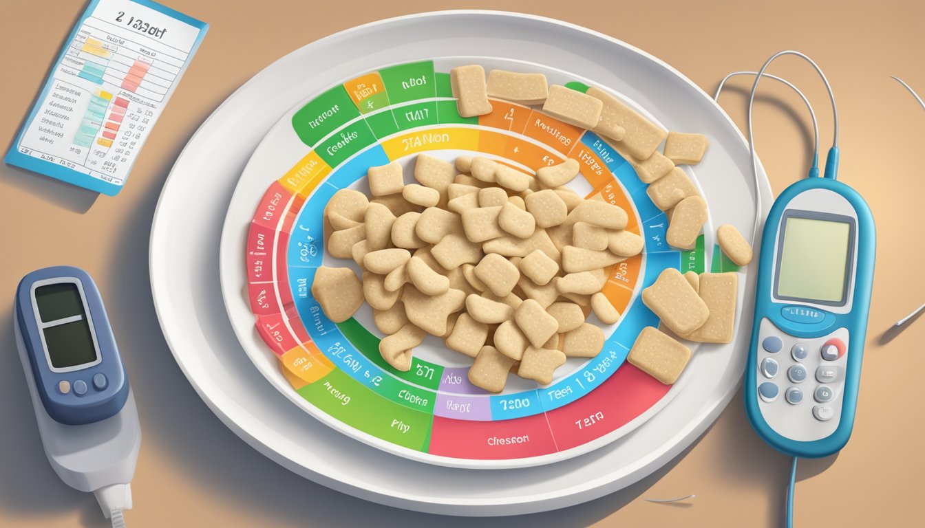 A plate of animal crackers with a nutrition label next to a glucometer and a diabetic testing strip