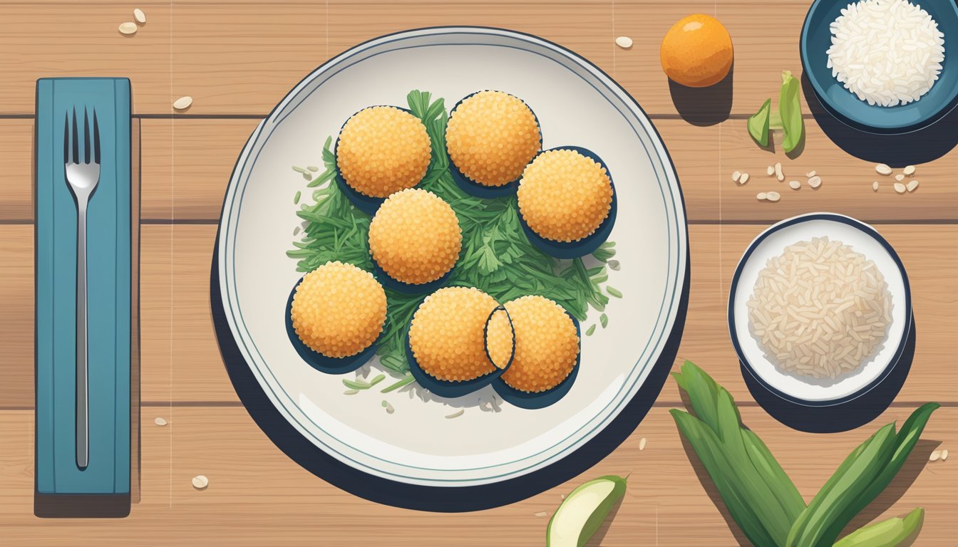 A plate with a measured portion of rice balls next to a diabetes-friendly food guide