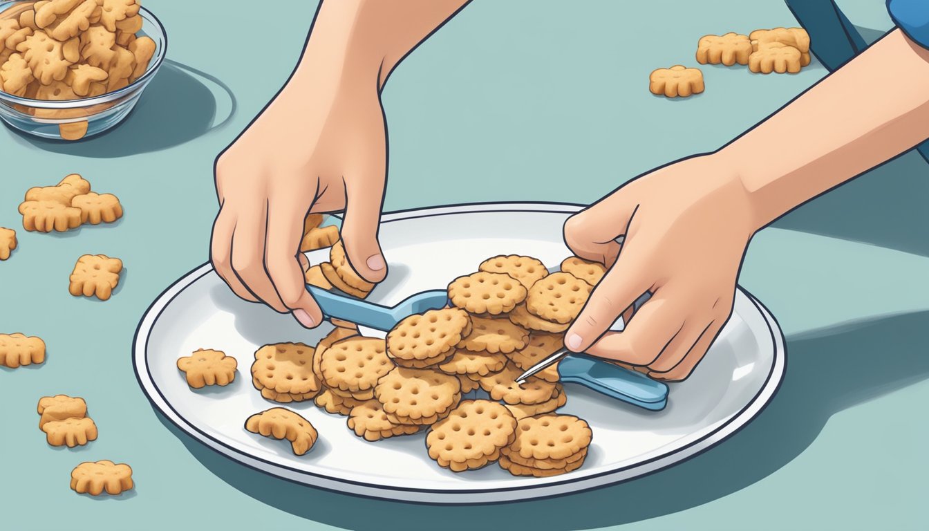 A diabetic hand reaching for a small handful of animal crackers on a plate, with a measuring tool nearby for portion control