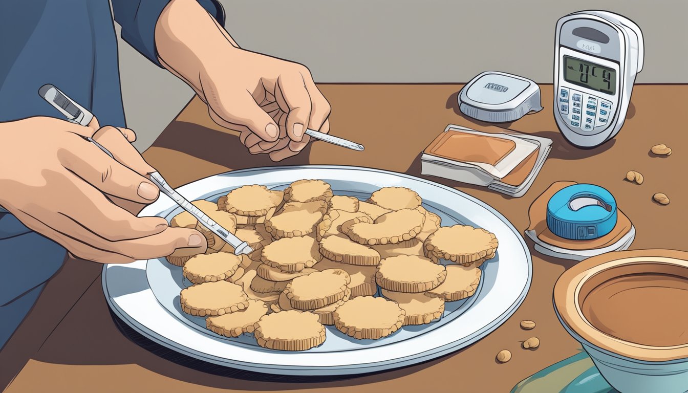 A diabetic carefully counts out a small portion of animal crackers onto a plate, while a nutrition label and blood sugar monitor sit nearby