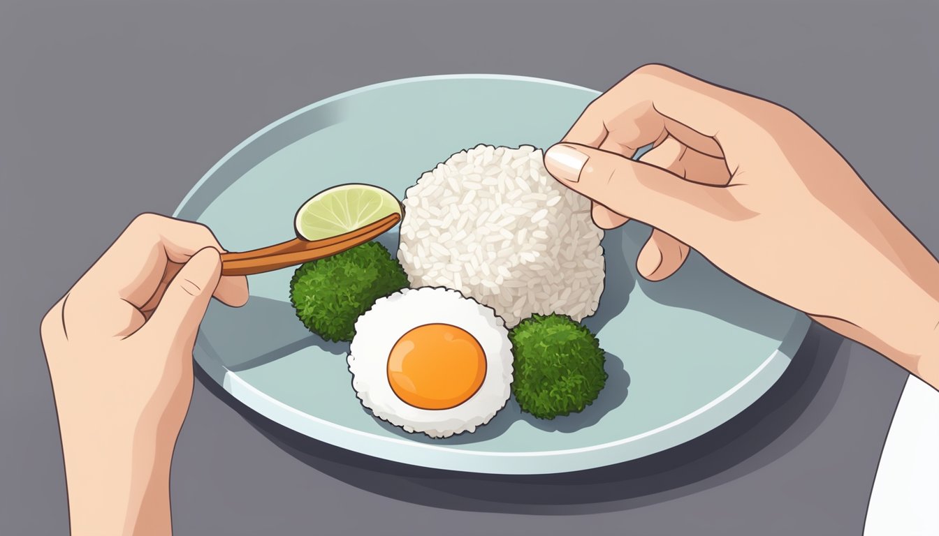 A diabetic person holding a plate of rice balls, with a nutritionist pointing to a recommended portion size