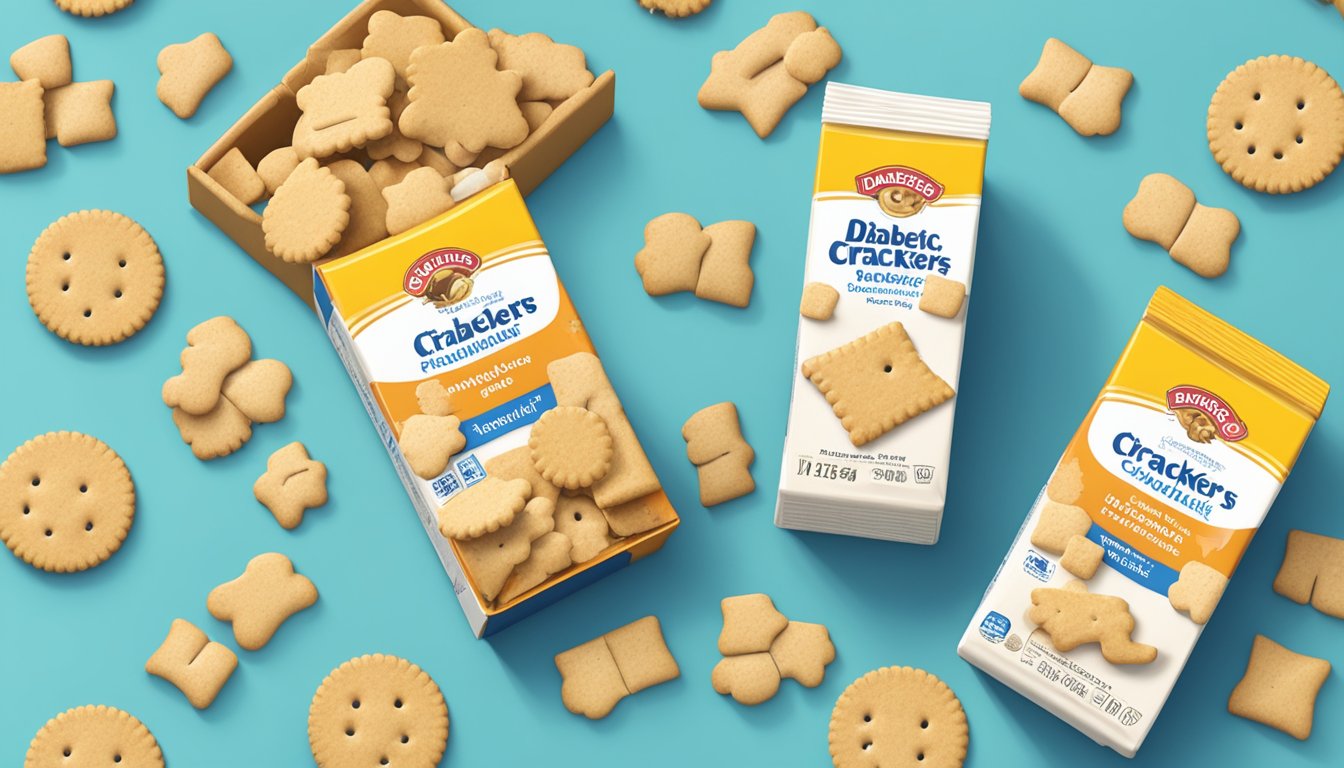 A diabetic-friendly animal crackers box with a measuring cup and a few crackers scattered on a table