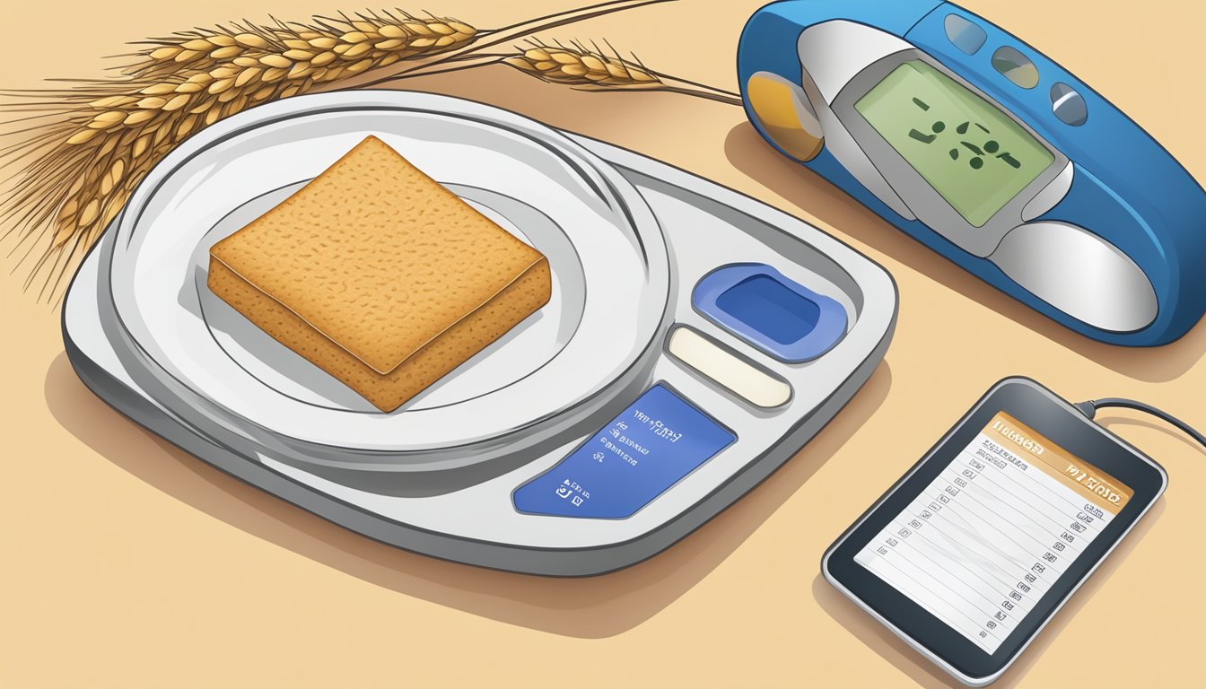 A plate with a serving of wheat thins next to a blood glucose monitor and a list of diabetic dietary guidelines