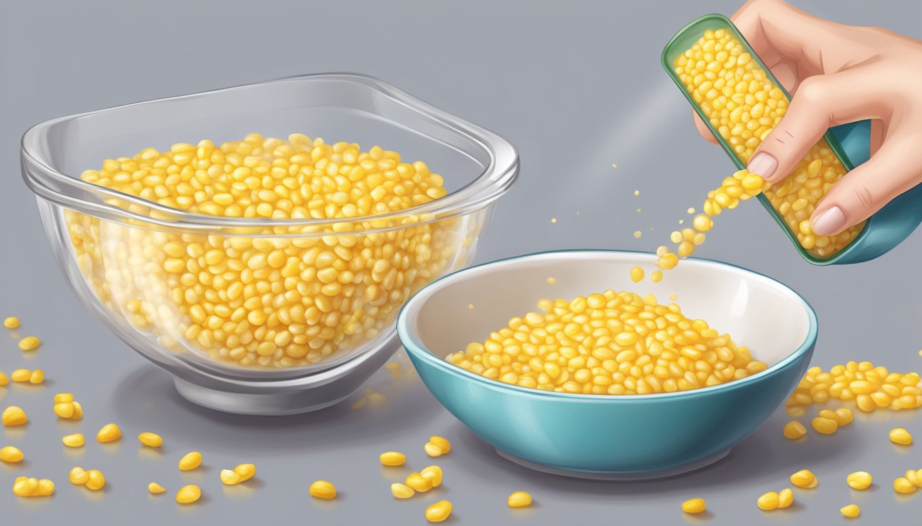 A diabetic measuring out a portion of creamed corn with a measuring cup